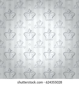 Luxury regal seamless pattern with silver queen crown and luxury inscription ornament signs in style of fashion on retro white striped shaded background. Wallpaper, curtain design.