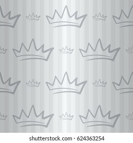 Luxury regal seamless pattern with silver king crown ornament signs in style of fashion on retro white bright striped background. Wallpaper, curtain design.