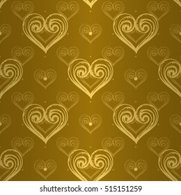 Luxury regal seamless pattern with soft gold lovely heart ornament signs in style of fashion on elegant golden bright background with polka dot fill out. High quality decor design.