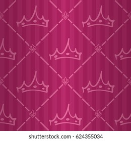 Luxury regal seamless pattern with tender pink black crown ornament signs in style of fashion on glamour pink bright striped background with lotus and chain fill out. Wallpaper, curtain design.