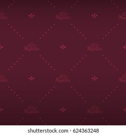Luxury regal seamless pattern with vine red majestic inscription with crown ornament signs in style of fashion on marsala red shaded background with flower and dot fill out.