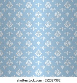 Luxury regal seamless pattern with white fleur-de-lys ornament elements on rococo blue shining background with palm branch fill out. Elegant texture for wallpapers, curtains. Seamless pattern backdrop