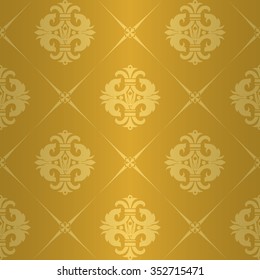 Luxury regal seamless pattern with white gold floral heraldic ornament elements on golden yellow shining background with cross square fill out. Wallpaper, curtain design. Royal seamless pattern. 