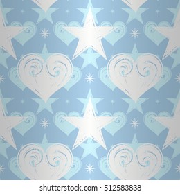 Luxury regal seamless pattern with white american star ornament signs in style of fashion on rococo blue bright background. Wallpaper, curtain design.