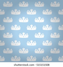 Luxury regal seamless pattern with white diadem ornament signs in style of fashion on rococo blue shaded background. Wallpaper, curtain design.