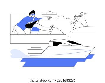 Luxury rental yacht abstract concept vector illustration. Young couple riding a luxury personal yacht, sailing activity, boat, water transport, happy vacation together abstract metaphor.