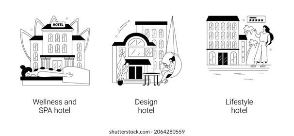 Luxury resort abstract concept vector illustration set. Wellness and spa hotel, design and lifestyle cutting-edge resort, online booking, traveler review, wi-fi and parking area abstract metaphor.