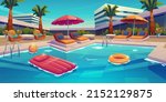 Luxury resort hotel and swimming pool. Vector cartoon illustration of tropical landscape with building, palm trees, lounge chairs, umbrellas on poolside, inflatable ring, raft and ball in water