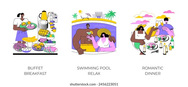 Luxury resort isolated cartoon vector illustrations set. Choosing food at buffet breakfast, all-inclusive vacation, swimming pool relax time, couple having romantic dinner at hotel vector cartoon.