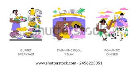 Luxury resort isolated cartoon vector illustrations set. Choosing food at buffet breakfast, all-inclusive vacation, swimming pool relax time, couple having romantic dinner at hotel vector cartoon.