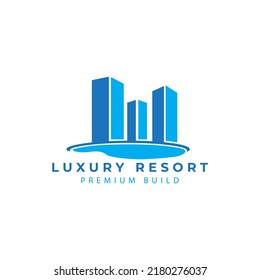 Luxury Resort Logo With Swimming Pool And Building Vector Icon Symbol Illustration Design