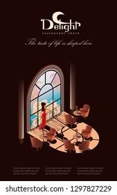 Luxury Resort Restaurant Isometric Vector Promotion Flyer or Ad Poster with Woman in Long Red Evening Dress Looking on Tropical Seashore, Enjoying Sunset Through Window in Restaurant Hall Illustration