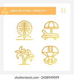 Luxury resort vacation gradient linear vector icons set. Artificial island. Variety of outdoor activities. Thin line contour symbol designs bundle. Isolated outline illustrations collection