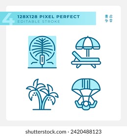 Luxury resort vacation light blue icons. Artificial island. Variety of outdoor activities. Modern relaxation. RGB color. Website icons set. Simple design element. Contour drawing. Line illustration