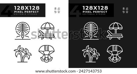 Luxury resort vacation linear icons set for dark, light mode. Artificial island. Variety of outdoor activities. Thin line symbols for night, day theme. Isolated illustrations. Editable stroke
