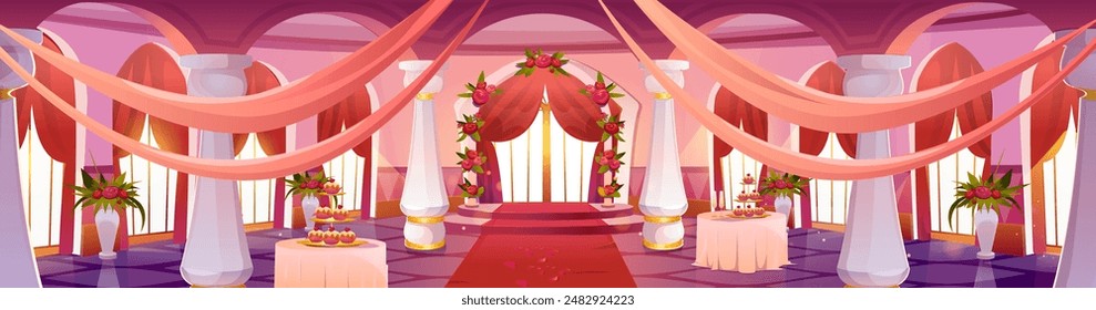 Restaurante de lujo decorado para la ceremonia de boda. Ilustración de dibujos animados de Vector de pasteles y champaign en mesas, flores en jarrones, Grande salón de banquetes con suelo de baldosas, ventanas y pilares de mármol