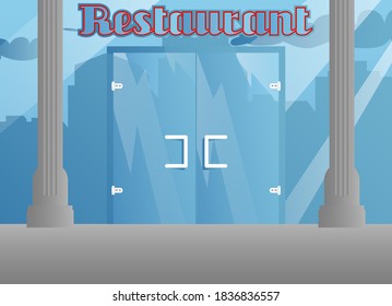 Luxury Restaurant Entrance Without People In Town. Colorful Graphic Vector Illustration In Cartoon Style.