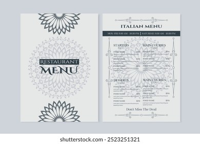 Luxury restaurant menu with elegant ornamental style