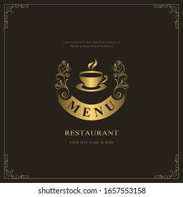 Plantilla De Logotipo Del Menú De Lujo Del Restaurante. Copa Dorada de Bebidas. Café caliente o té. Dibujo de un monograma creativo con inscripción. Folleto elegante. Diseño de cocina para cafetería, restaurante, bar. Ilustración del vector