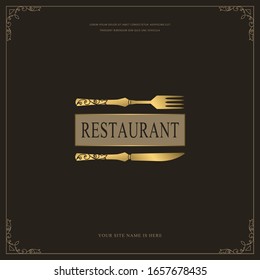 Luxury Restaurant Menu Logo Template. Golden Cutlery. Elegant Drawn Fork and Knife. Creative Monogram with Inscription. Brochure cooking Design for Cafe, Restaurant, Bar. Vector illustration