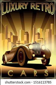 Luxury Retro Car Motor Shop Vintage Poster. Handmade Drawing Vector Illustration. Art Deco Style.