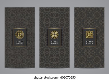 Luxury retro labels with monogram and pattern background. Vector calligraphic logo templates.