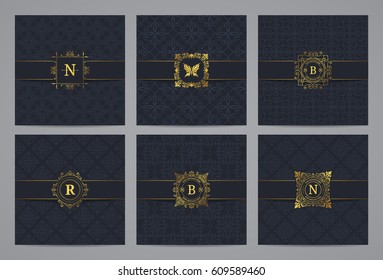 Luxury retro labels with monogram and pattern background. Vector calligraphic logo templates.