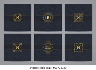 Luxury retro labels with monogram and pattern background. Vector calligraphic logo templates.