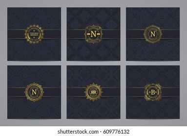 Luxury retro labels with monogram and pattern background. Vector calligraphic logo templates.