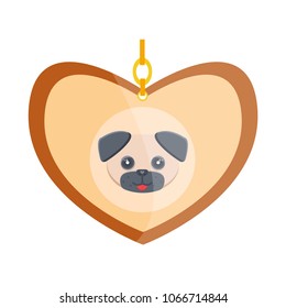 Luxury retro vintage stylized pet vet cat animal dog brown wood gold beige amulet medalion heart locket face muzzle cute pug-dog on the chain Modern flat vector illustration icon Isolated on white 