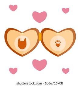 Luxury retro vintage stylized pet vet animal brown wood gold beige amulet medalion heart locket face muzzle cute cat silhouette on chain trace imprint paw Modern flat vector illustration icon on white