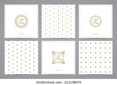 Luxury retro wedding cards with monograms and vintage seamless patterns. Vector calligraphic logo templates.