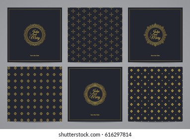 Luxury retro wedding cards with monograms and vintage seamless patterns. Vector calligraphic logo templates.