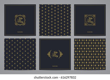Luxury retro wedding cards with monograms and vintage seamless patterns. Vector calligraphic logo templates.