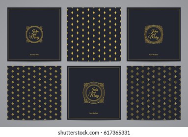 Luxury retro wedding cards with monograms and vintage seamless patterns. Vector calligraphic logo templates.