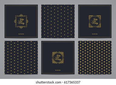 Luxury retro wedding cards with monograms and vintage seamless patterns. Vector calligraphic logo templates.