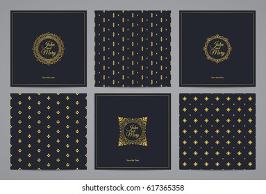 Luxury retro wedding cards with monograms and vintage seamless patterns. Vector calligraphic logo templates.