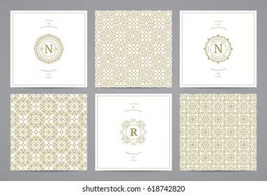 Luxury retro wedding cards with monograms and vintage seamless patterns. Vector calligraphic logo templates.