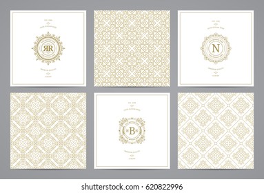 Luxury retro wedding cards with monograms and vintage seamless patterns. Vector calligraphic logo templates.