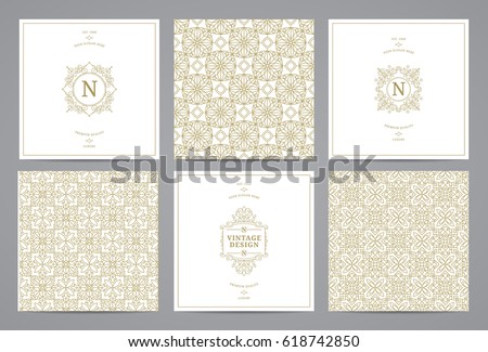 Luxury retro wedding cards with monograms and vintage seamless patterns. Vector calligraphic logo templates.
