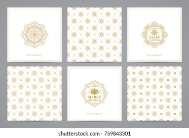 Luxury retro x-mas cards with monograms and vintage seamless patterns. Vector calligraphic greeting cards