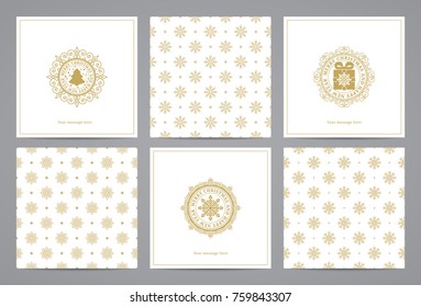 Luxury retro x-mas cards with monograms and vintage seamless patterns. Vector calligraphic greeting cards