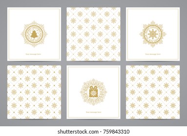 Luxury retro x-mas cards with monograms and vintage seamless patterns. Vector calligraphic greeting cards