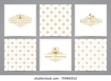 Luxury retro x-mas cards with monograms and vintage seamless patterns. Vector calligraphic greeting cards