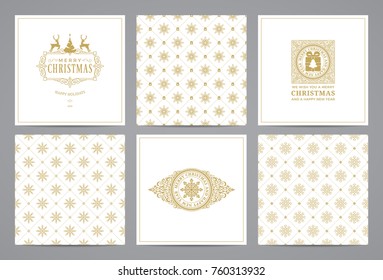 Luxury retro x-mas cards with monograms and vintage seamless patterns. Vector calligraphic greeting cards