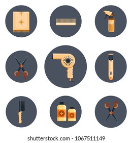 Luxury rich cute biege wood dark metal vintage retro grooming beauty saloon shop barbershop hairdryer towel razor hairdressing logo set concept Modern flat vector illustration icons Isolated on black 