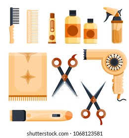 Luxury rich cute biege wood dark metal vintage retro grooming beauty saloon shop comb hairdryer towel  hairclipper hairdressing logo set concept Modern flat vector illustration icons Isolated on white