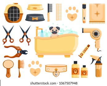 Luxury rich cute wood dark metal vintage retro pet vet grooming dog cat animal beauty saloon shop barbershop hairdressing logo set concept Modern flat vector illustration icons. Isolated on white 