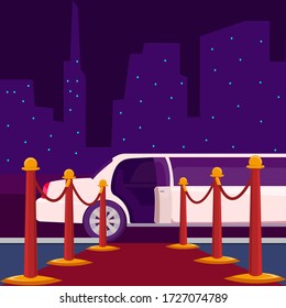 Luxury ride limousine with opened door on empty red carpet