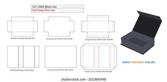 Luxury rigid box, Magnetic Rigid Boxes dieline template and 3D box